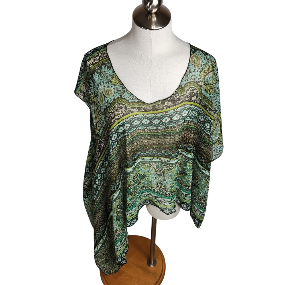 Semi-sheer Poncho Kimono Kaftan Cover Up Top One Size Printed Boho Beach Pool